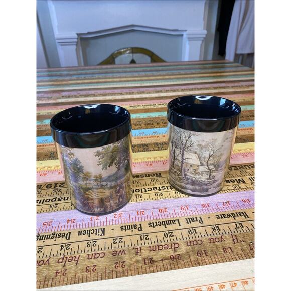 2 Vintage 80s Thermo-Serv Coffee Mugs made in USA Cabin Mill Print Currier Ives - Picture 3 of 11